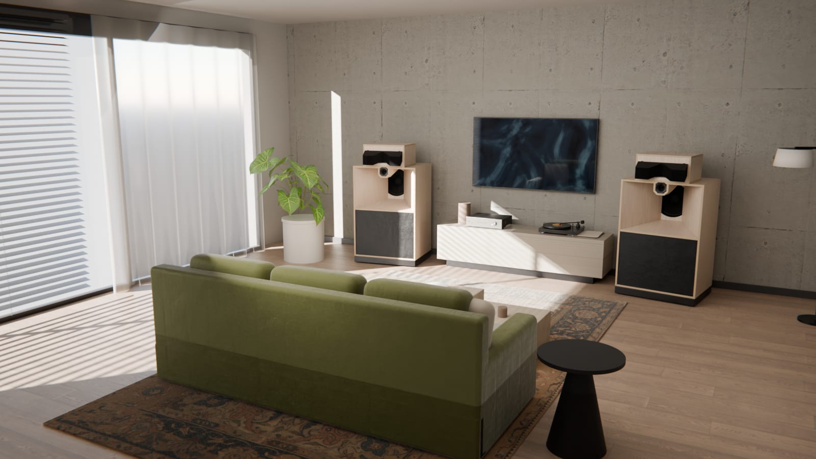 A pair of SA2 loudspeakers either side of a media unit in a living room