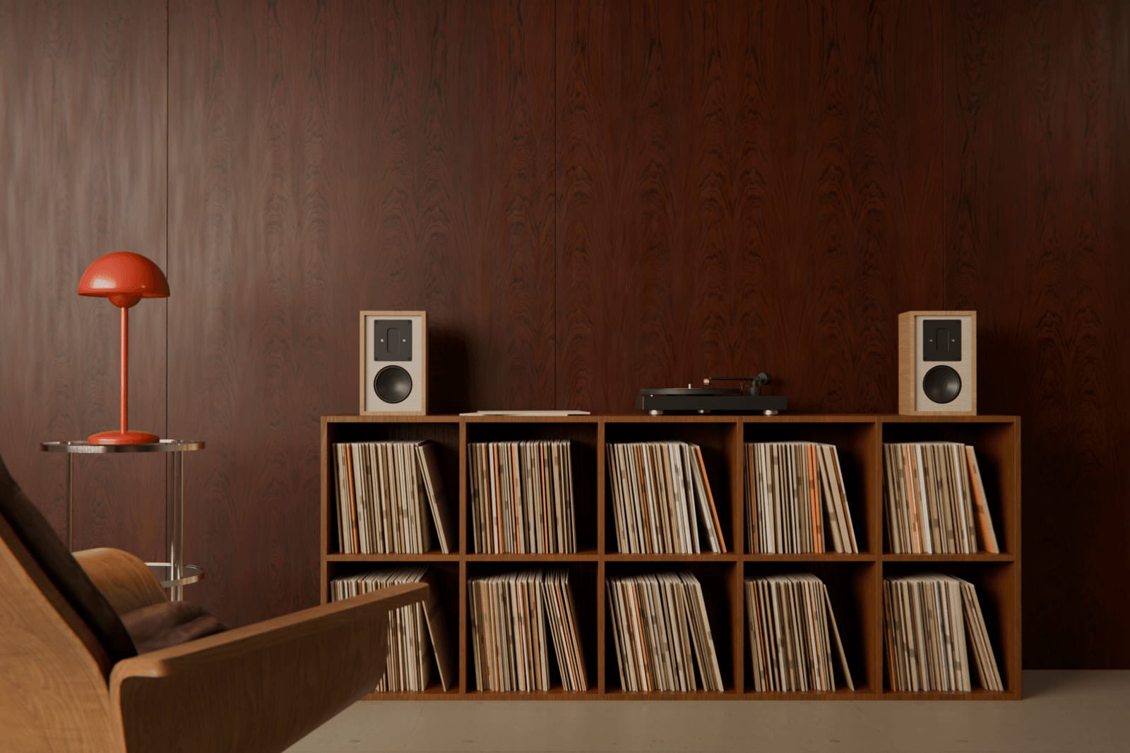 A pair of SA5 loudspeakers on a record shelf in a living room