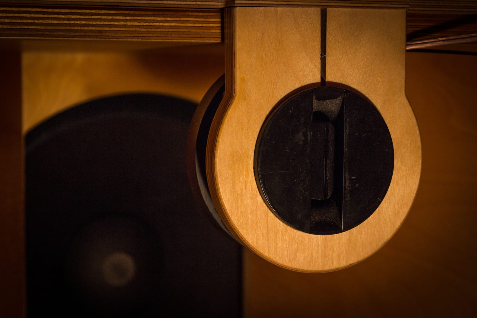 Close-up of a Sunflower Sound System horn under warm light