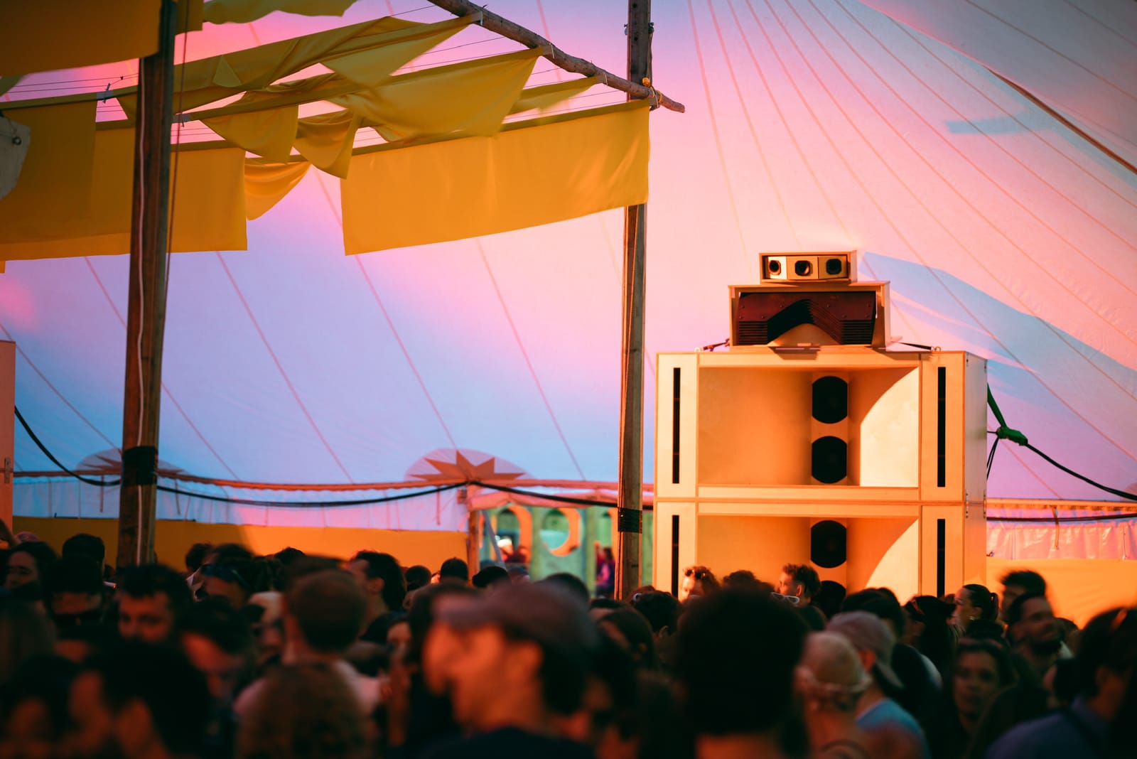 Sunflower Sound System stacks lit up at dusk