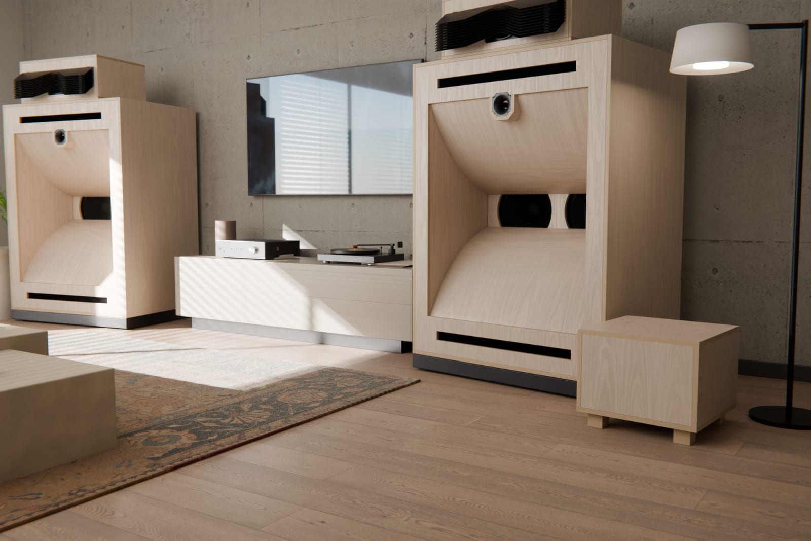 An SA Sub in a living room with a pair of SA1 loudspeakers