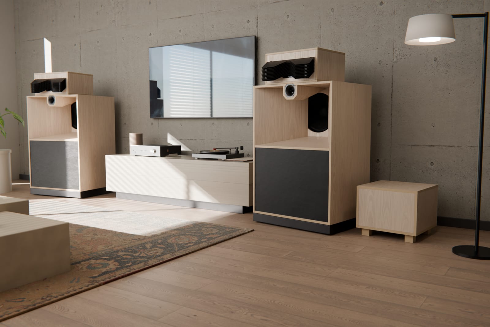 An SA Sub in a living room with a pair of SA2 loudspeakers