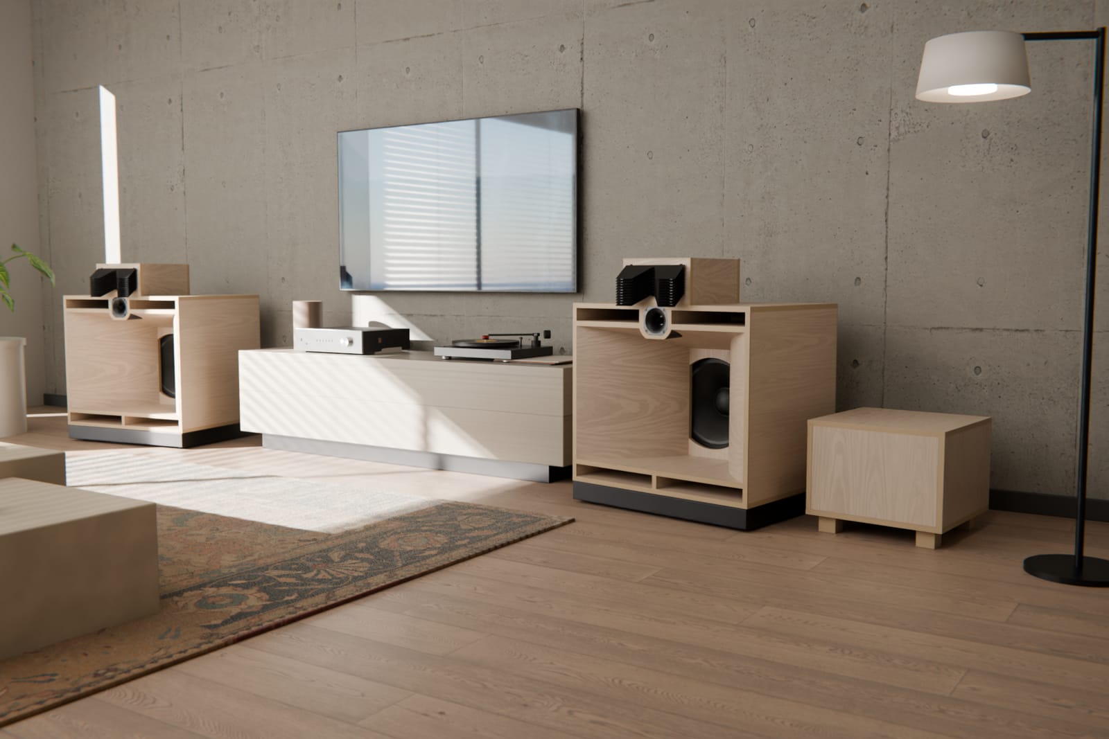 An SA Sub in a living room with a pair of SA3 loudspeakers
