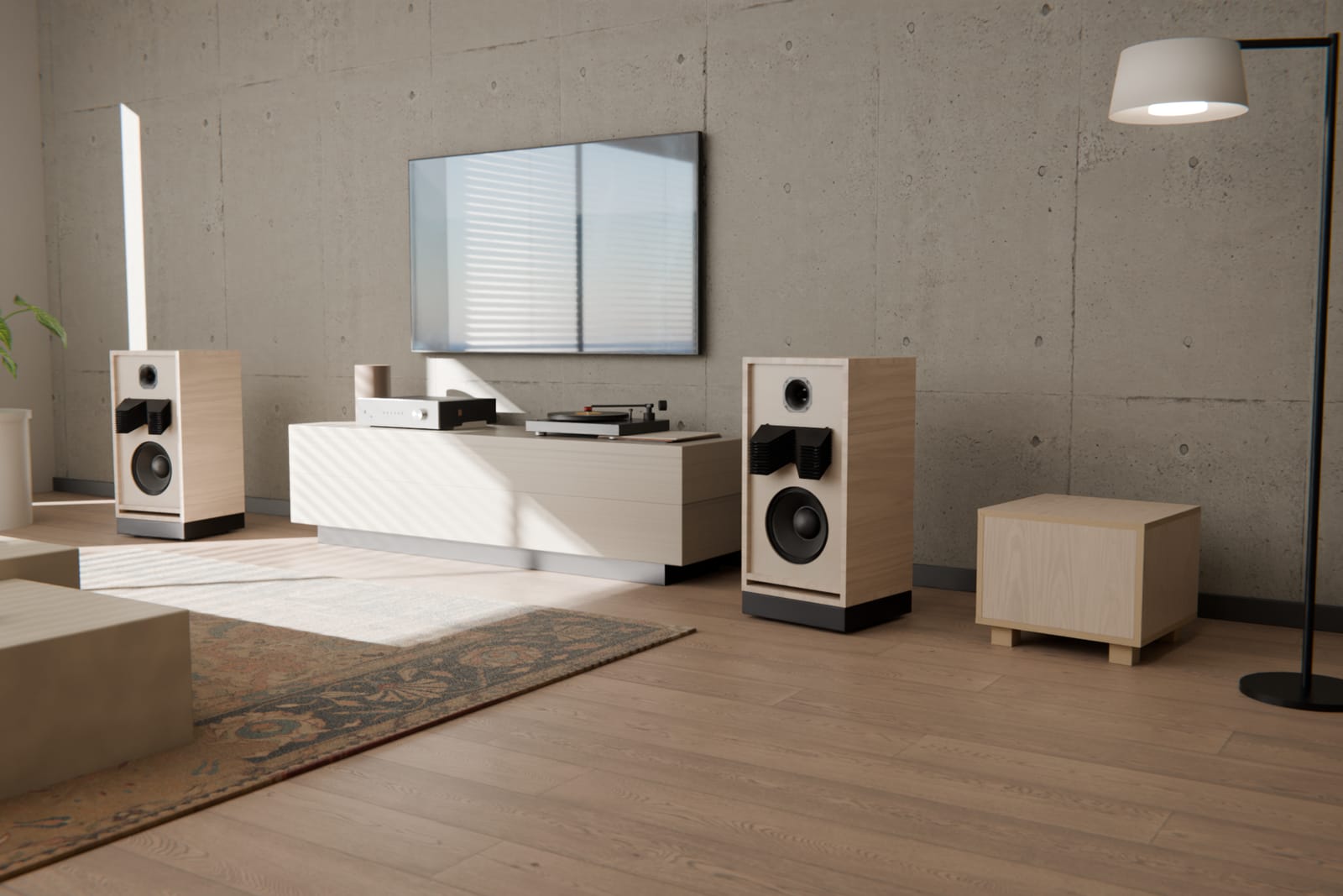 An SA Sub in a living room with a pair of SA4 loudspeakers